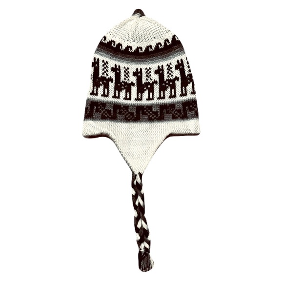 Bolivian Earflap Chullo Kint Hat Black Llama Designed Reversible Gray and White - Picture 6 of 9